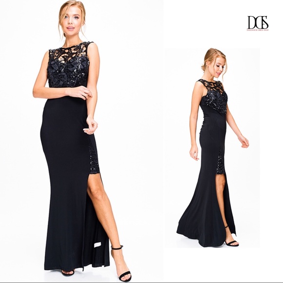 Sale ‼️EVE - Black Sequined Evening Gown w/ Slit - Picture 3 of 8